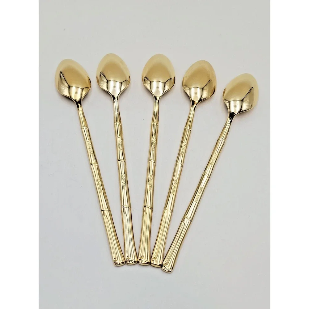 Set 5 National Escapade Iced Tea Spoon Gold Plated Bamboo Style Handle